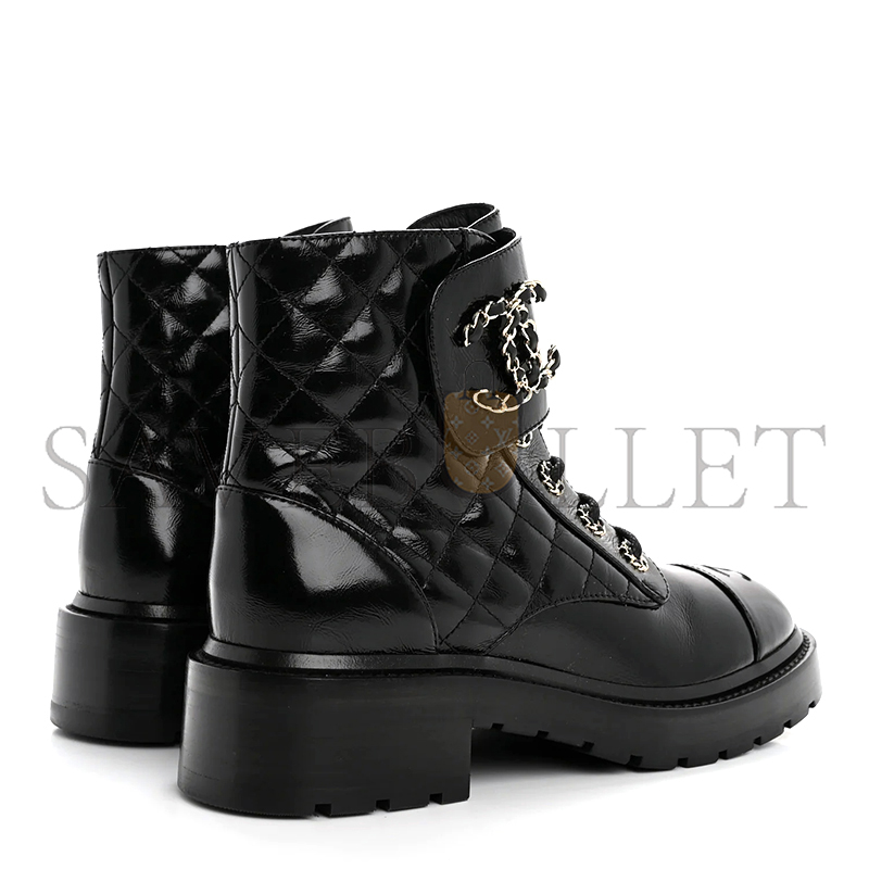 CHANEL SHINY CALFSKIN QUILTED LACE UP COMBAT BOOTS G36424